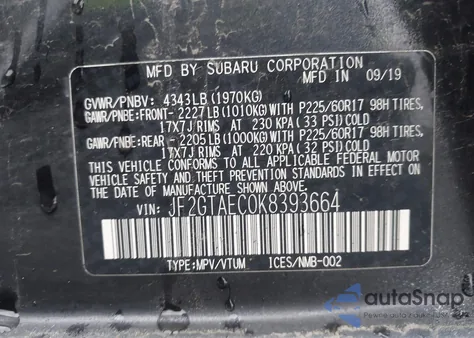 2019 Subaru Crosstrek 2.0I Premium from USA, damaged, VIN JF2GTAEC0K8393664